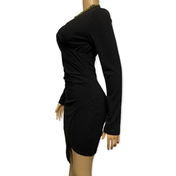 FAVLUX Dress Black Asymmetrical long sleeve back zip V neck size M - Picture 6 of 13